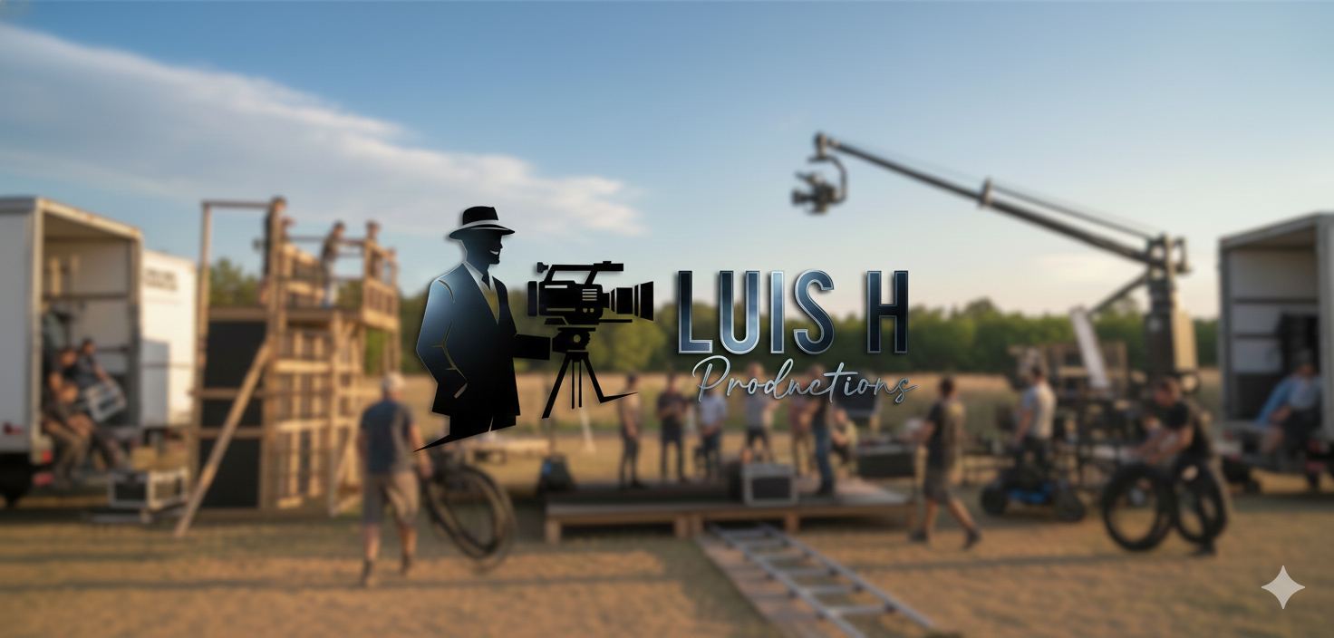Luis H Productions banner with crew and camera crane on a film set